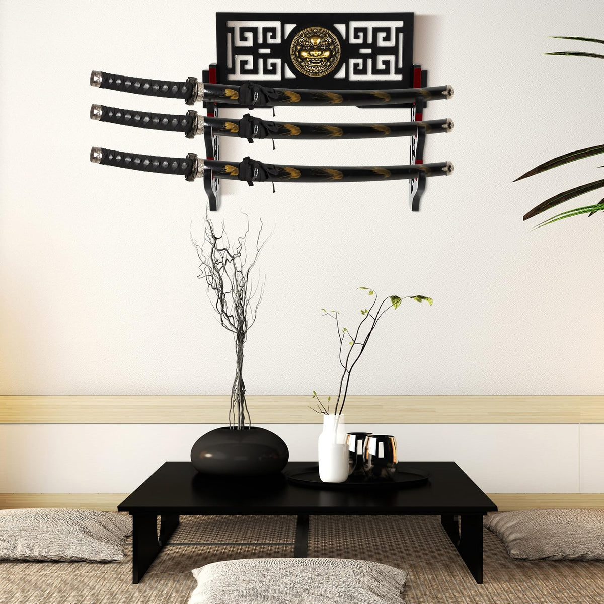 Wall Mount Katana Sword Holder Stand 3-Tier Display for Samurai Swords Black
