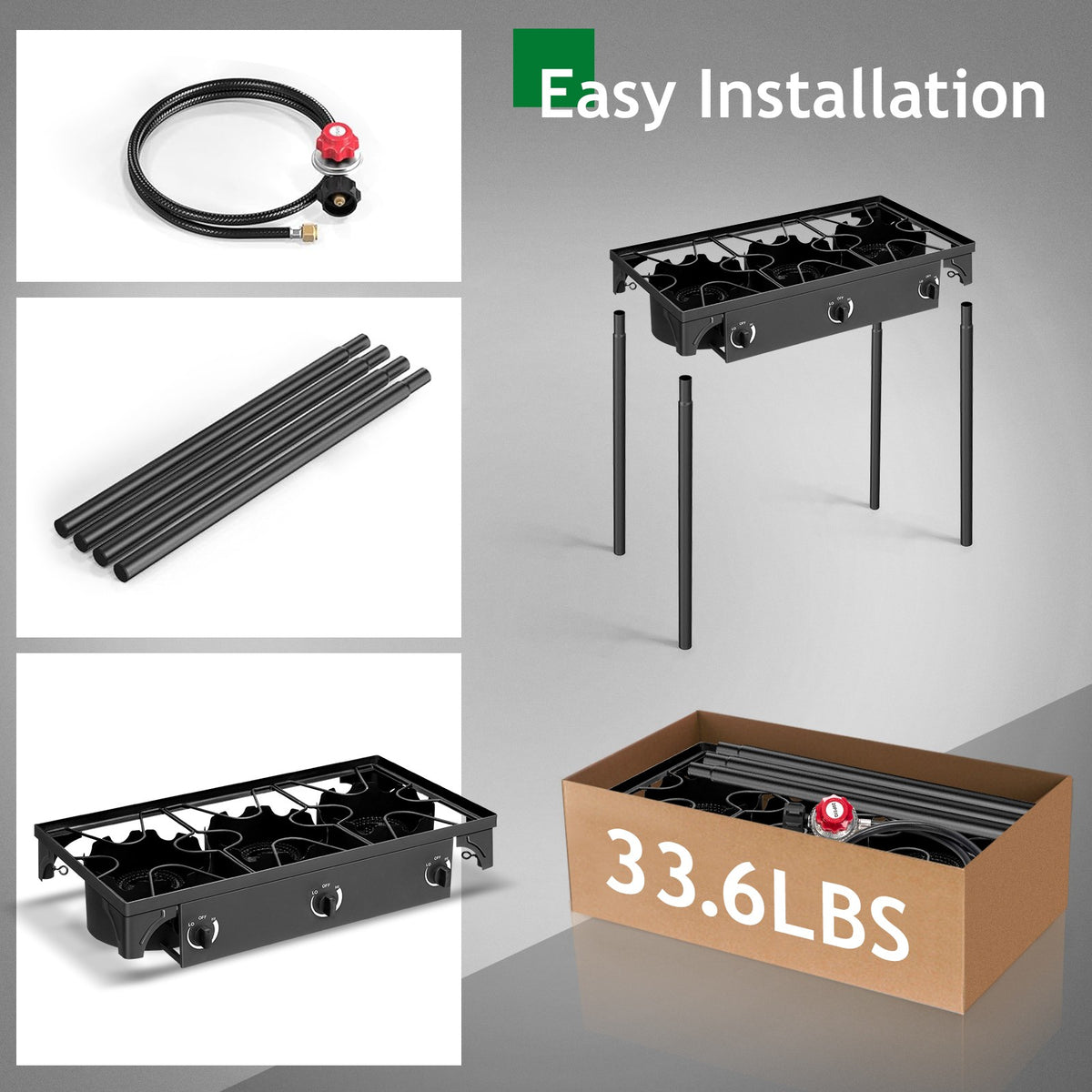 225,000-BTU Three Burner Gas Cooker Stove with Cast Iron Grill for Outdoor Cooking