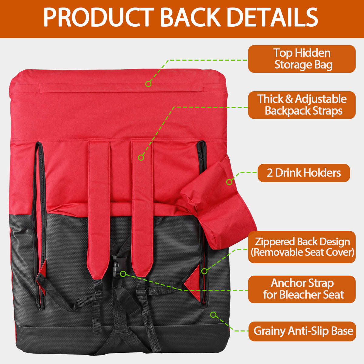 Portable Stadium Seat with Recline & Padded Backrest - Red