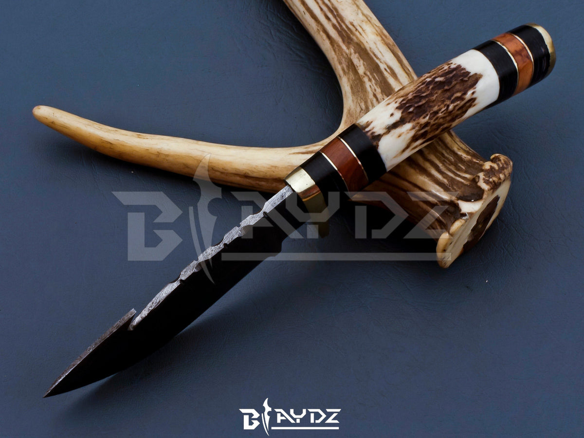 Damascus Steel Hunting Knife with Stag Antler Handle and Leather Sheath - Fixed Blade
