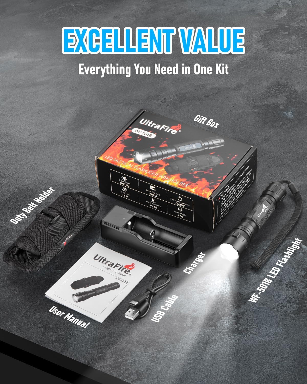 High Lumen Tactical Flashlight with Holster 1000 Lumens Waterproof LED