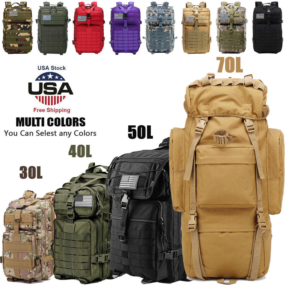Military Tactical Backpack 30L-70L Large Outdoor Assault Pack with Molle Webbing
