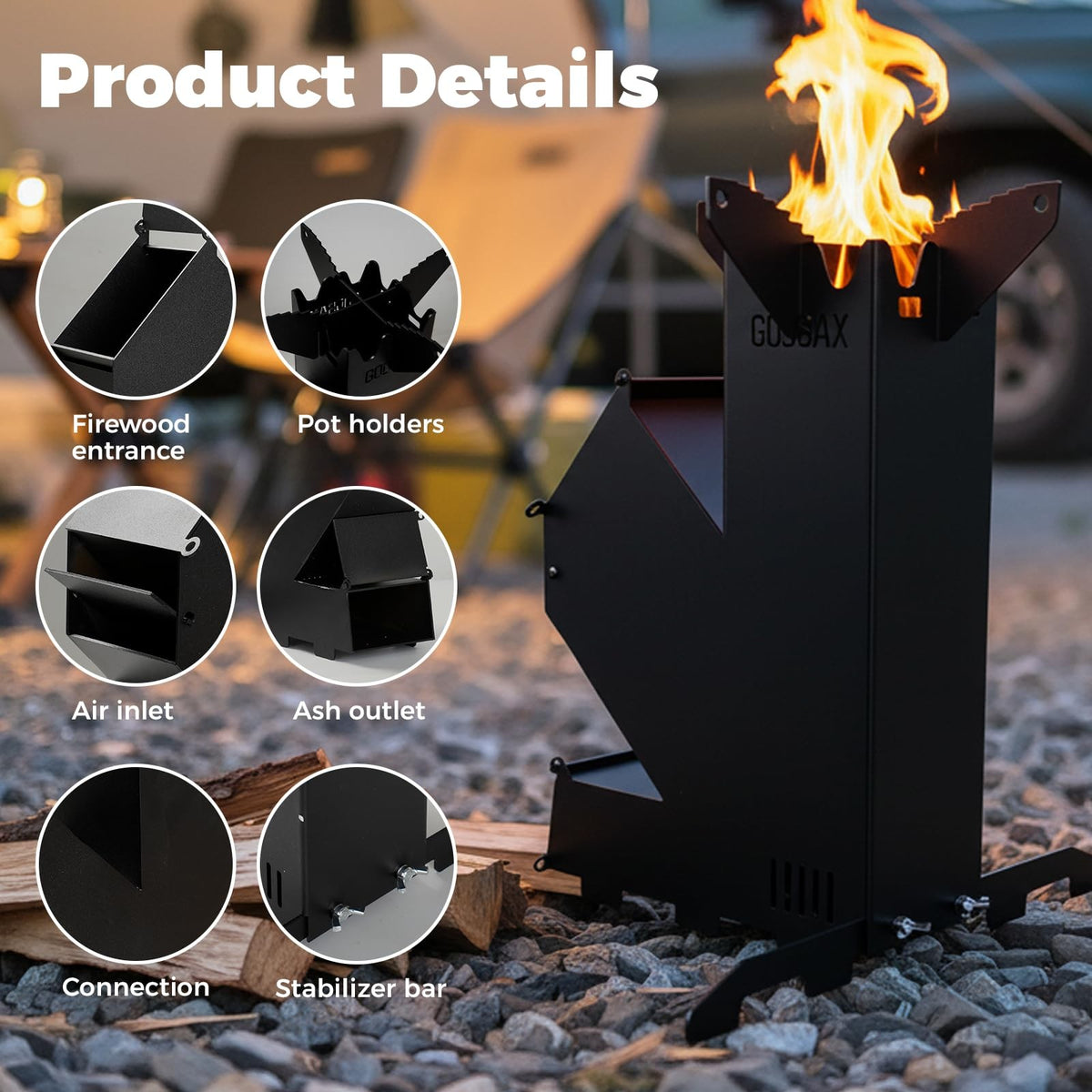 Portable Wood Burning Rocket Stove with Storage Bag for Camping Outdoor Cooking