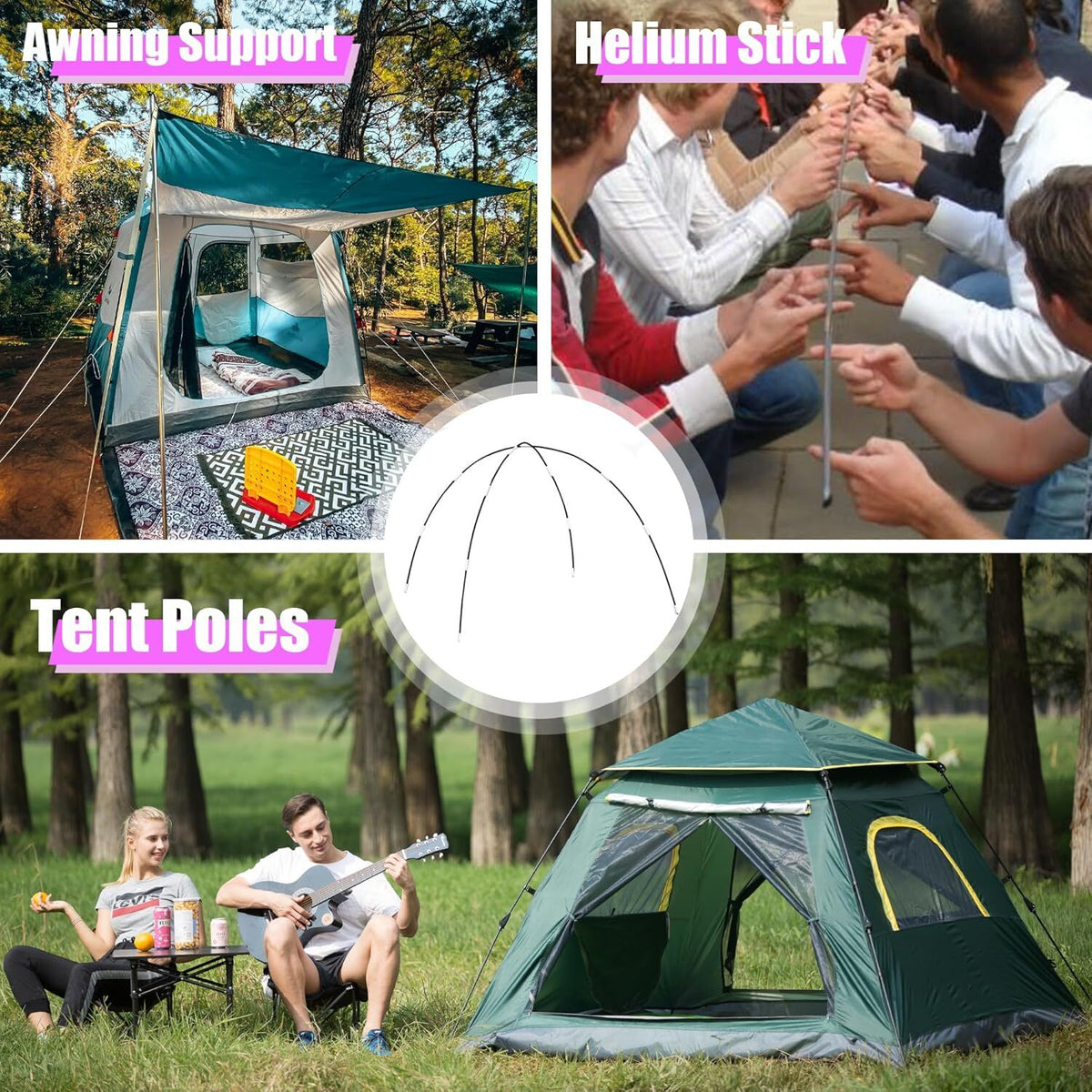 12Ft Aluminum Tent Pole Replacement for Camping & Hiking - Black