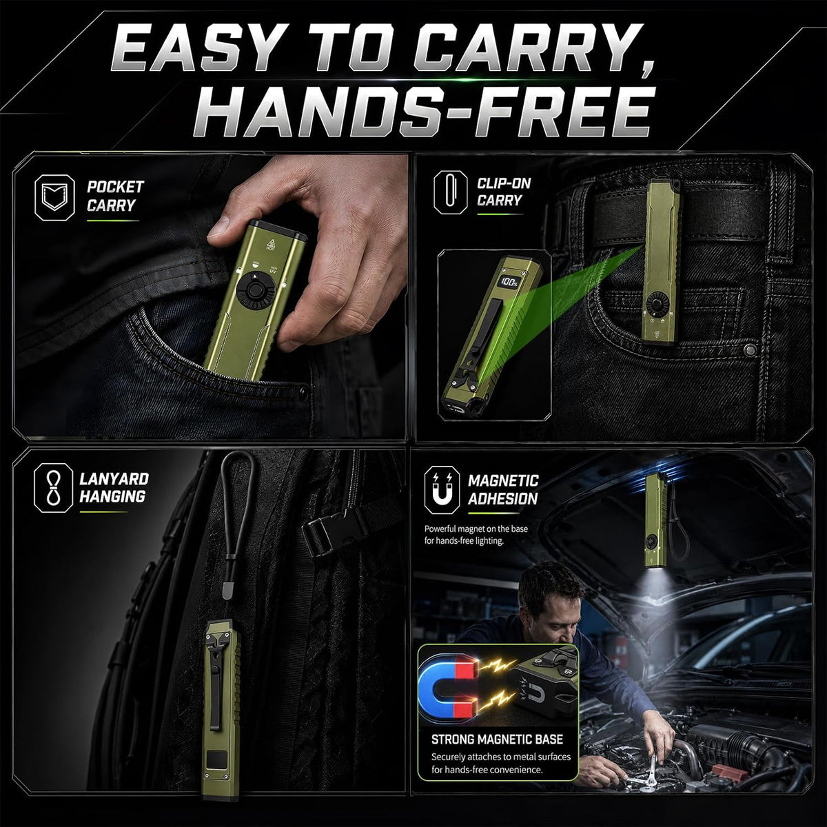 Rechargeable 3-in-1 LED Flashlight with UV and Green Light - Waterproof Portable Work Light