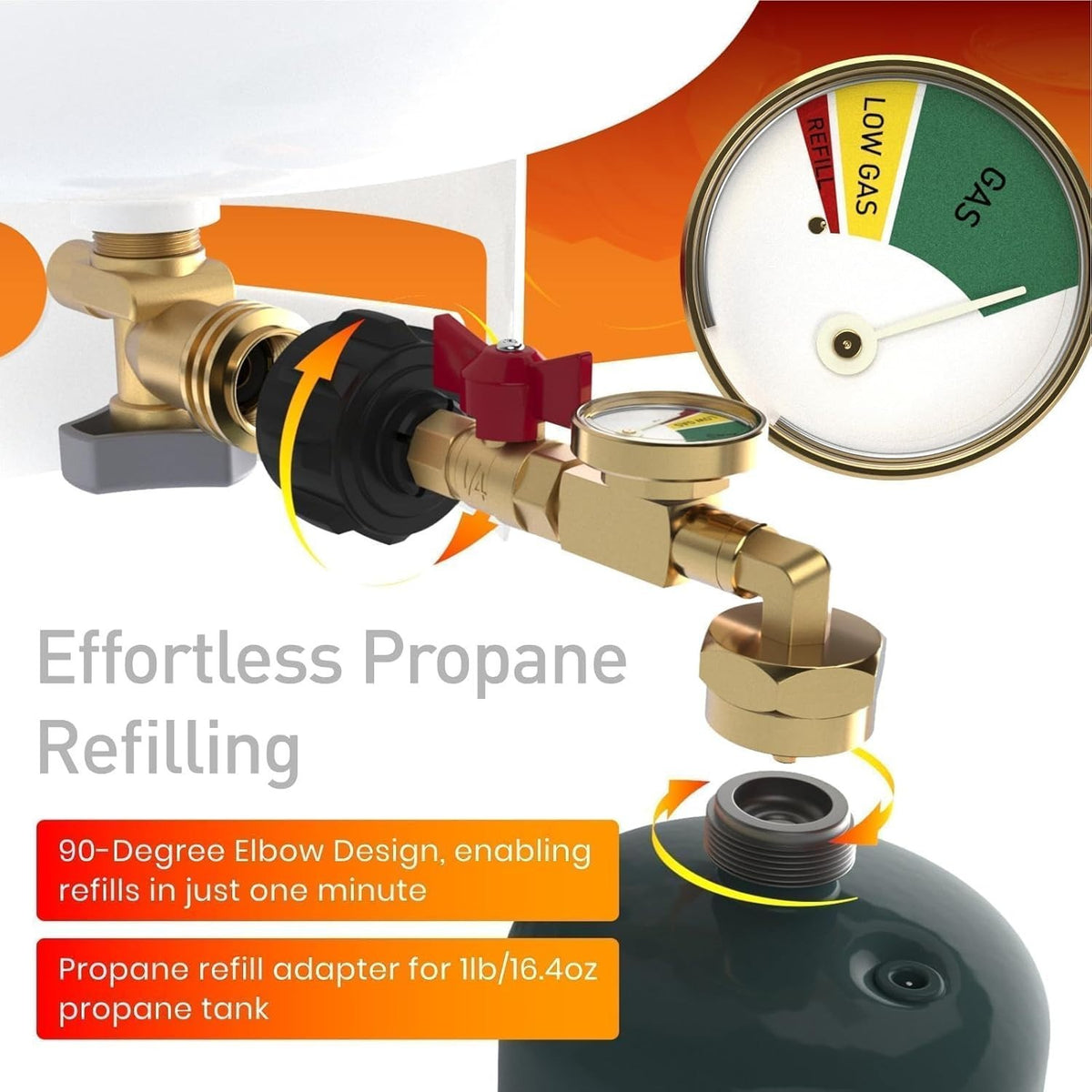1Lb to 20Lb Propane Refill Adapter with Gauge and ON/OFF Valve