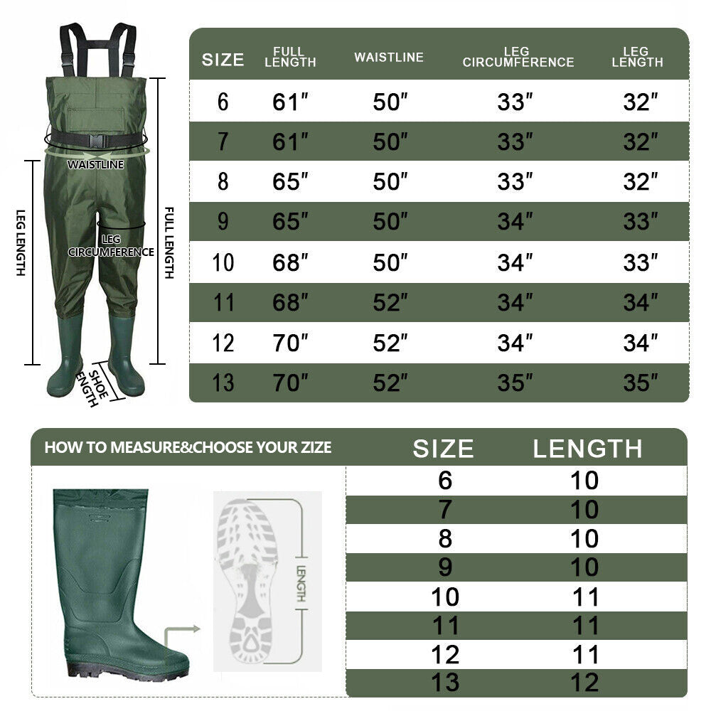 Waterproof Chest Waders for Hunting and Fishing Nylon Bootfoot 6-13 Size