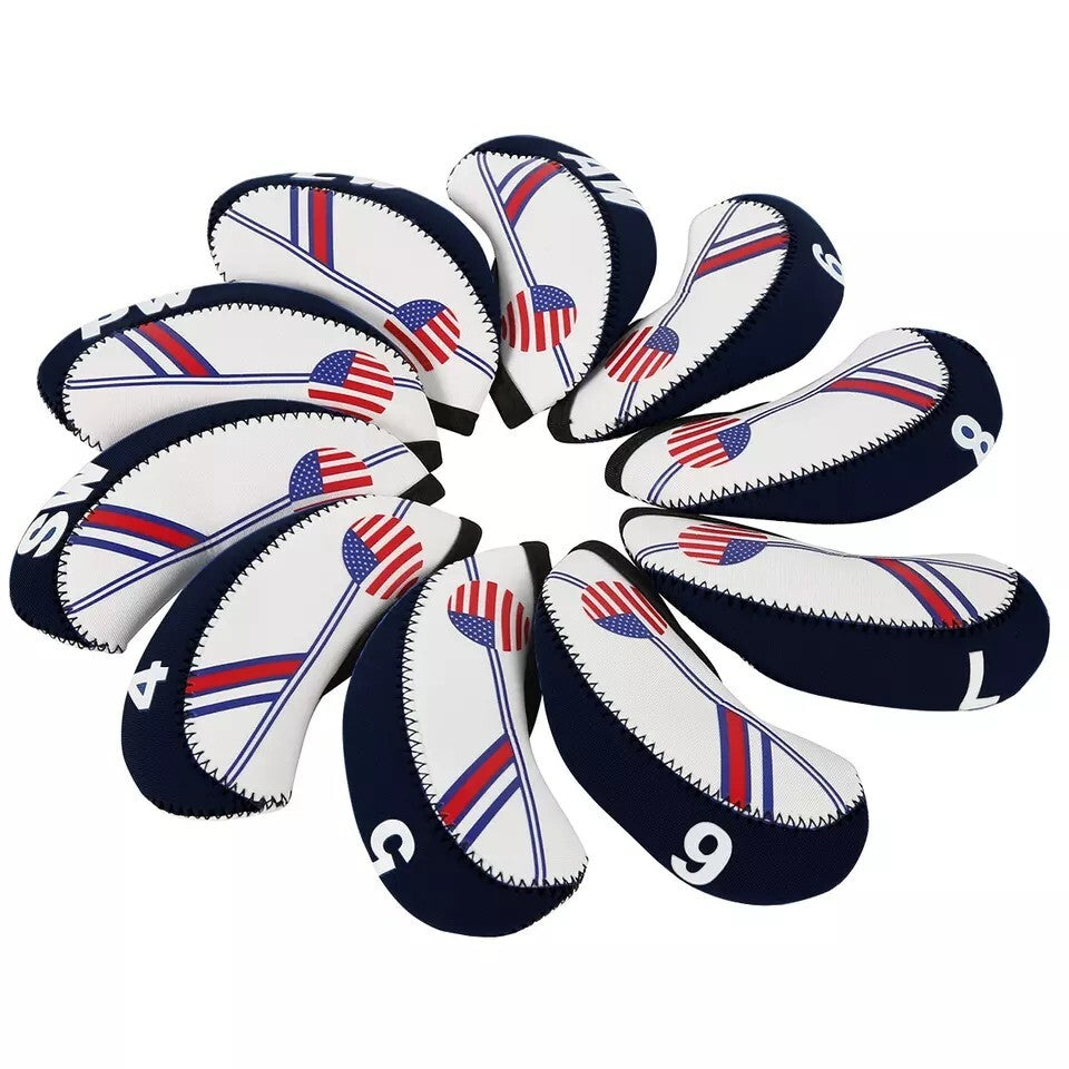 10 Pcs Lightweight Golf Head Covers with USA Flag Design for Irons - Protect Clubs