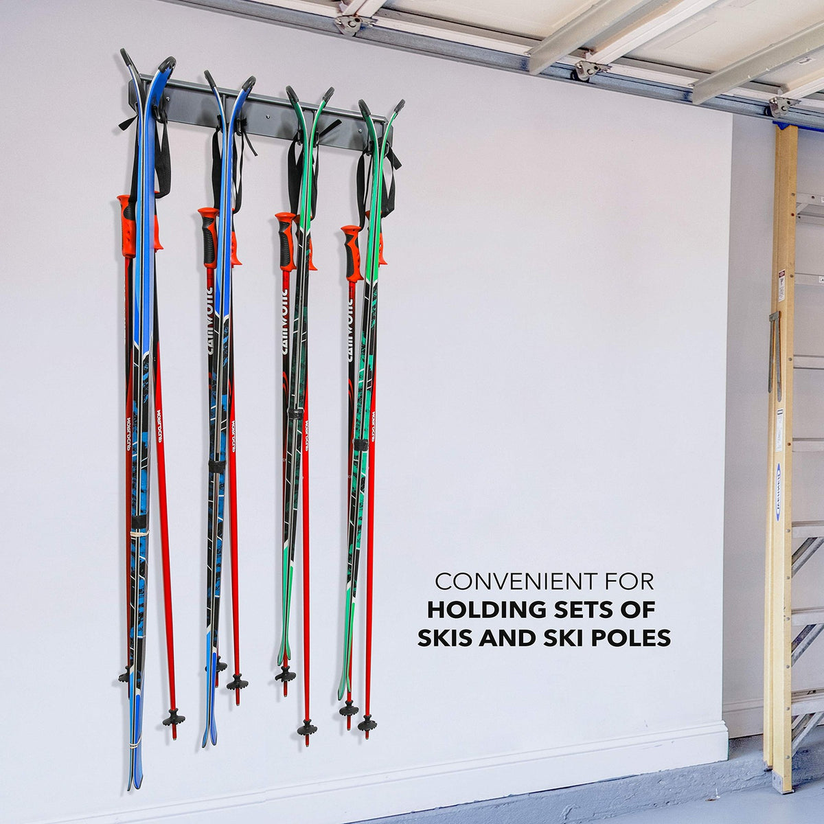 Wall-Mounted Ski Rack for 4 Pairs of Skis & Poles - Indoor Storage Organizer