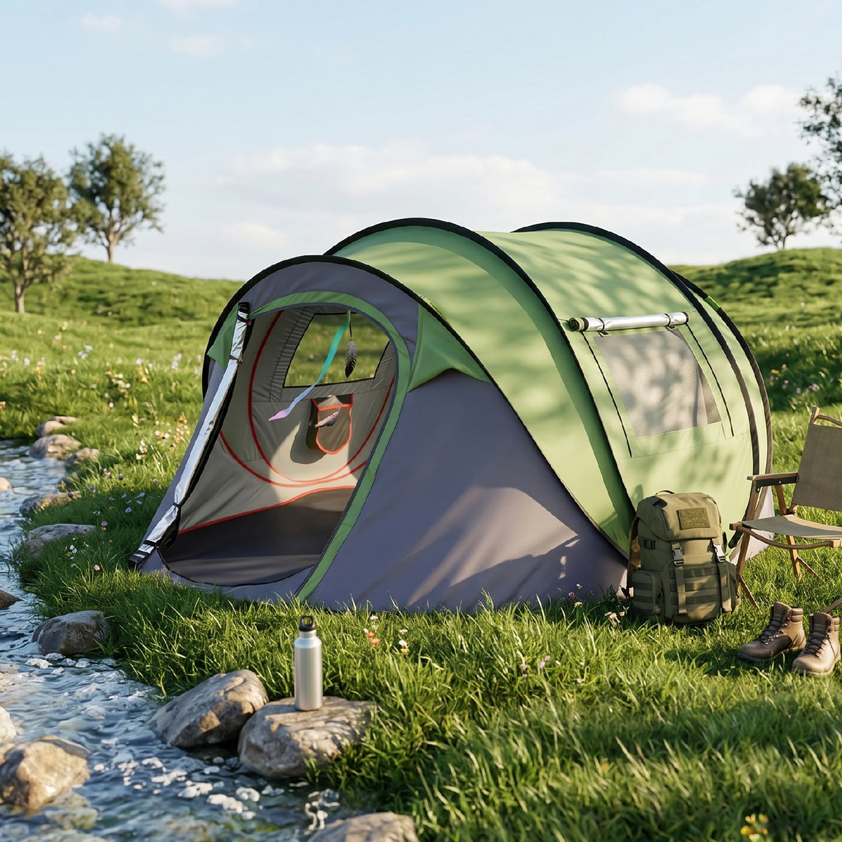 3-4 Person Pop Up Camping Tent Waterproof Instant Setup with Front Awning