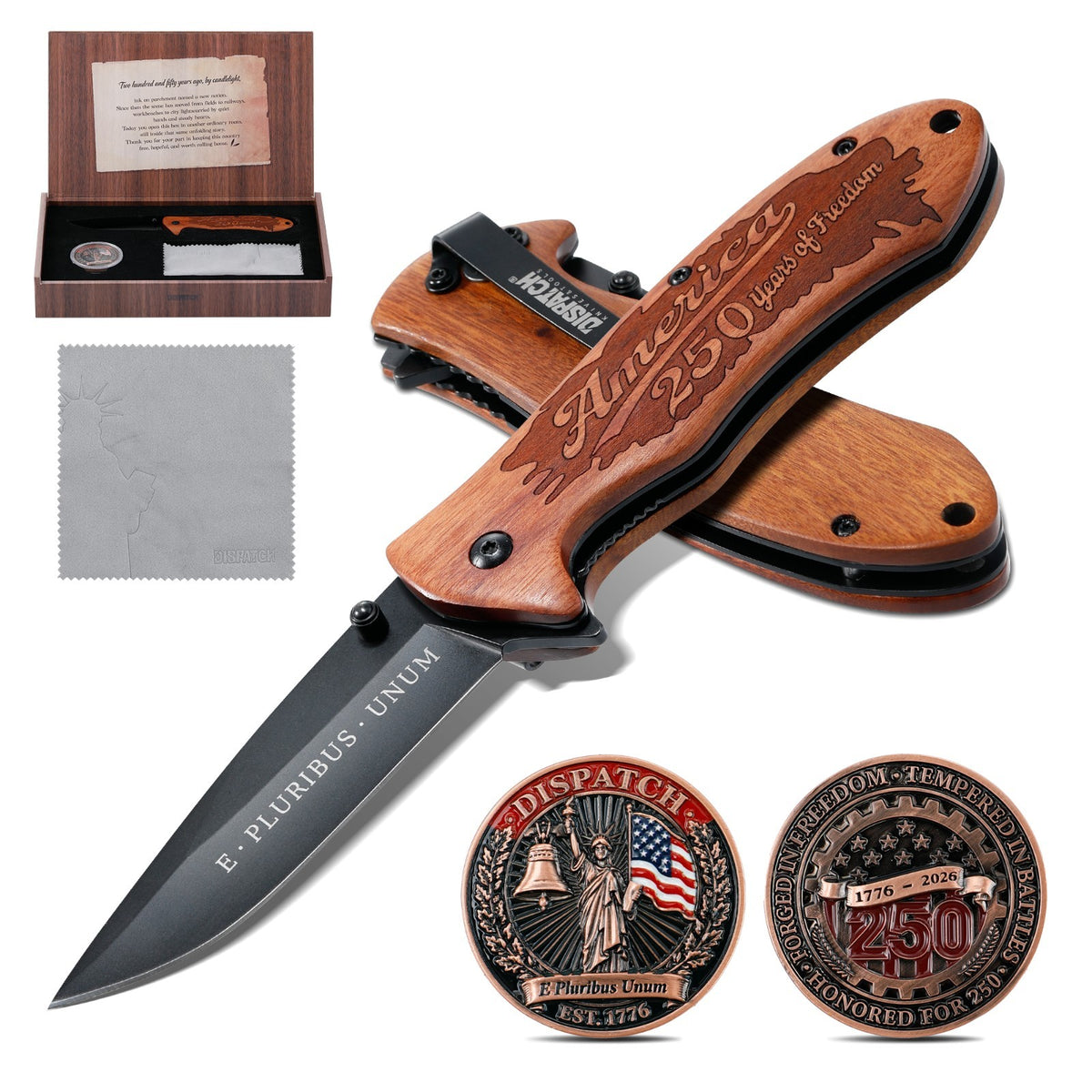 Patriotic 250th Anniversary Collectible Pocket Knife & Coin Set with Handle Options