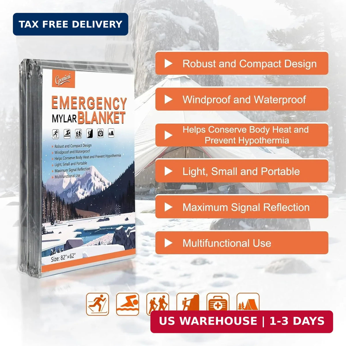 Large Emergency Mylar Thermal Blankets 82x62 Inches - Pack of 4