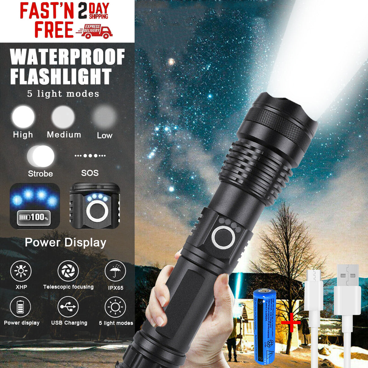 Super Bright Rechargeable LED Tactical Flashlight 9900000LM Waterproof Outdoor Torch