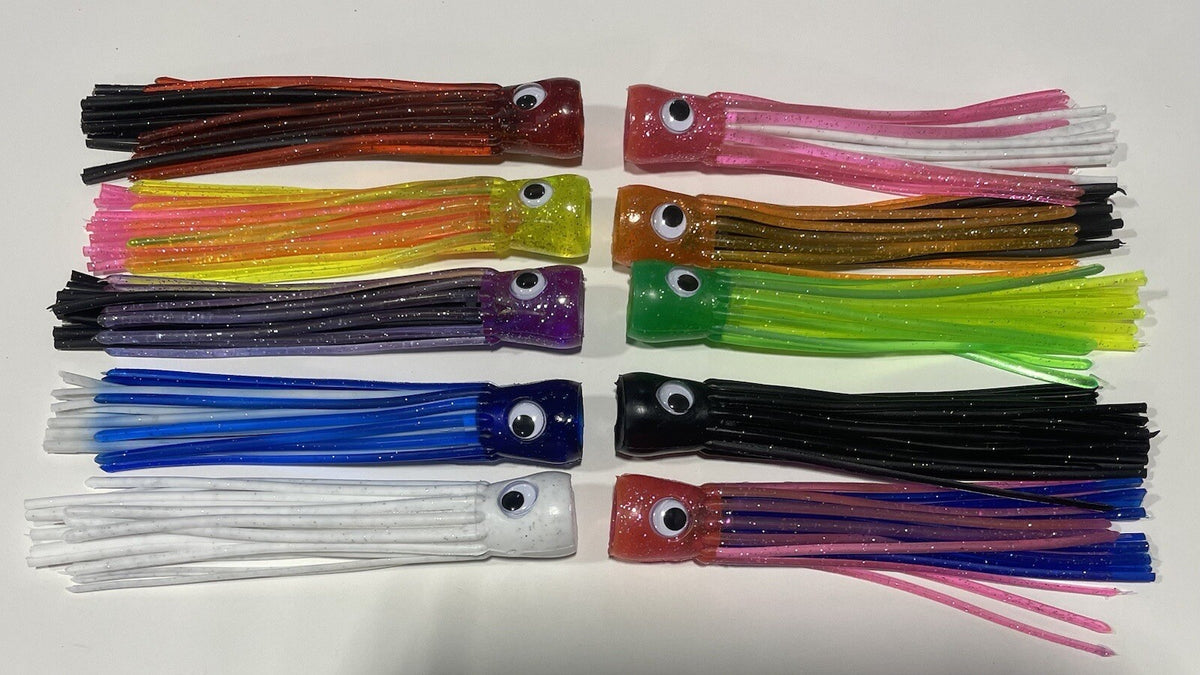 Fishing Trolling Skirts 10 Pack for Tuna Mahi Wahoo - Glitter Moving Eyes