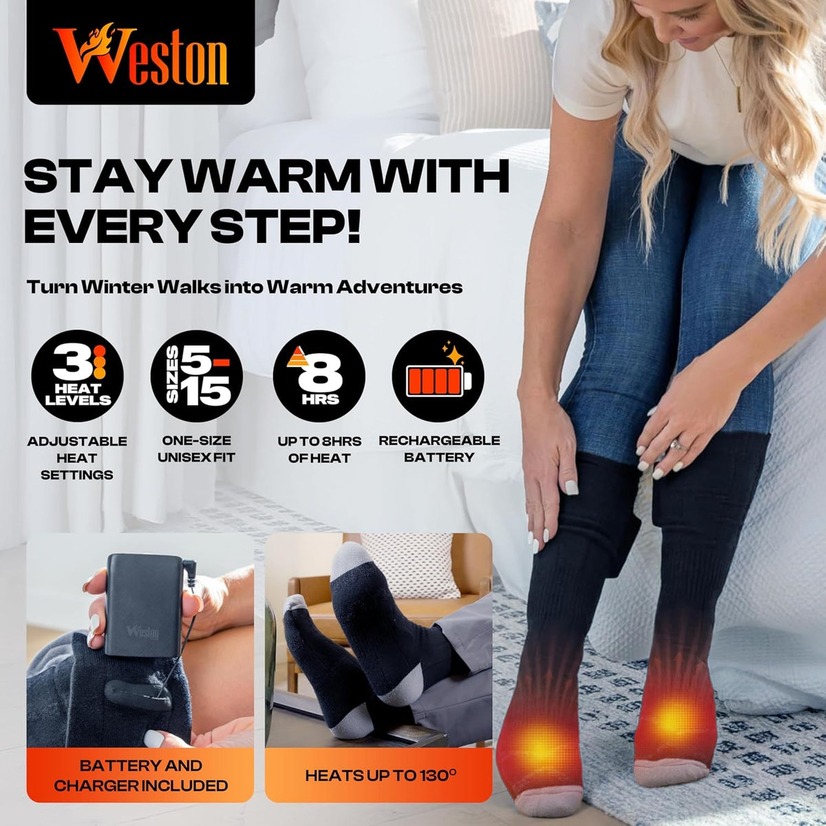 Rechargeable Heated Socks for Men & Women - Warm Winter Socks with 2 4000mAh Batteries, Up to 140°F