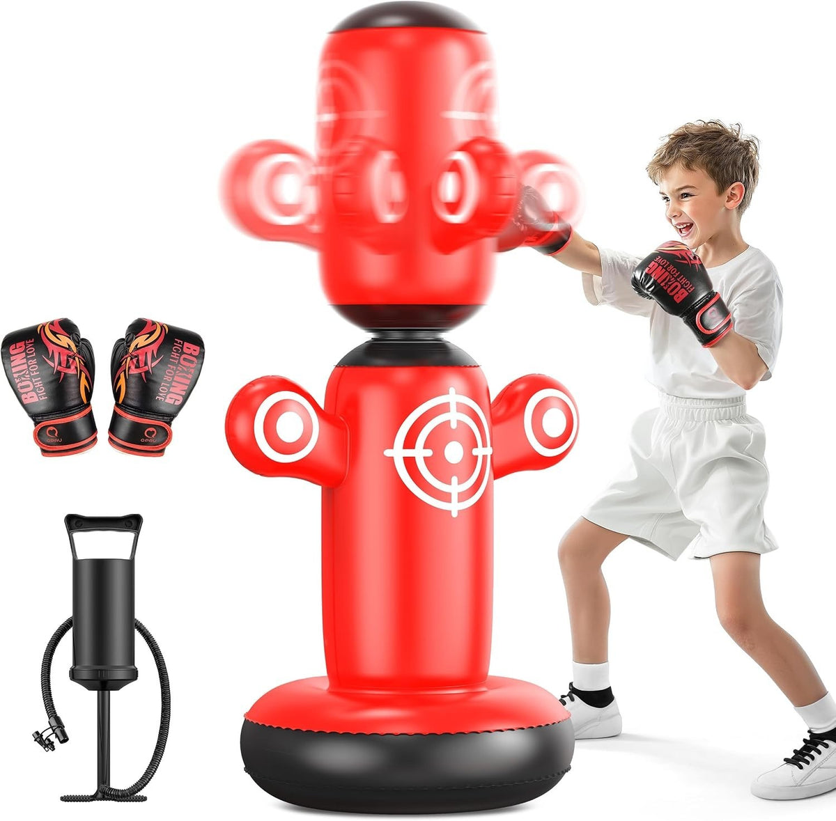 Kids Inflatable Rotating Punching Bag with Gloves and Pump - Indoor Outdoor Exercise