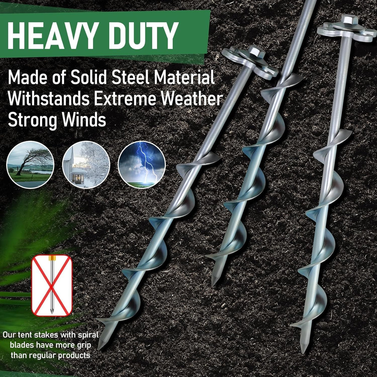 Heavy Duty Spiral Ground Anchors - Screw-In Tent Stakes with Drill Adapter (4 Pack)