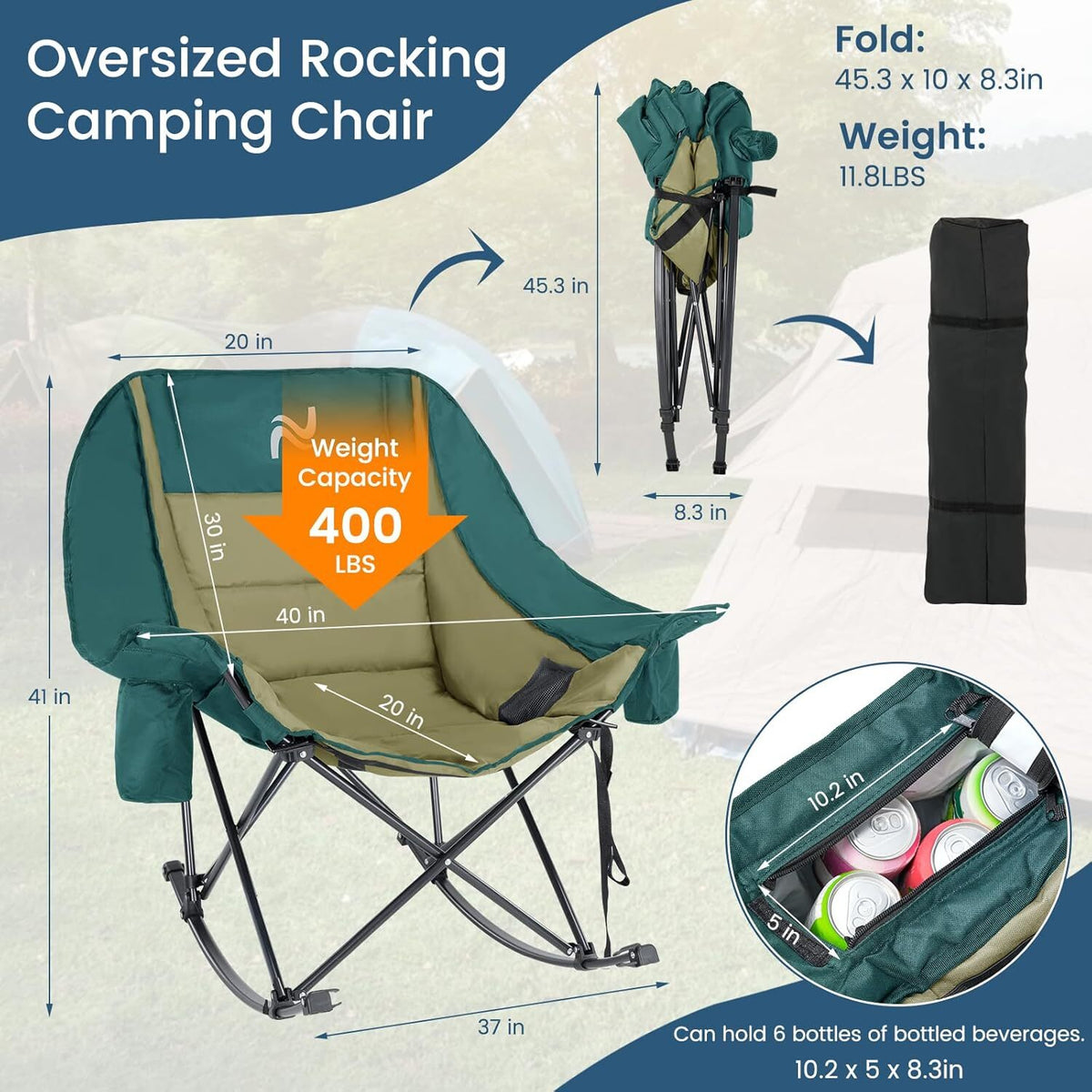 Oversized Folding Rocking Camping Chair with Cooler Bag and Side Pocket