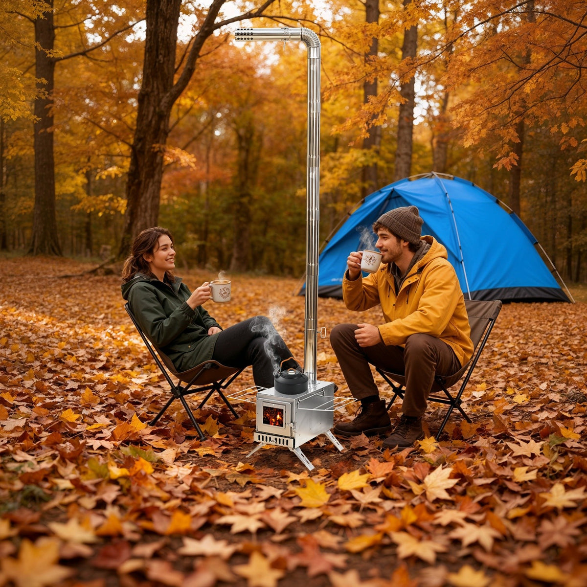 Outdoor Wood Burning Tent Stove with 7 Chimney Pipes Fire Pit for Camping
