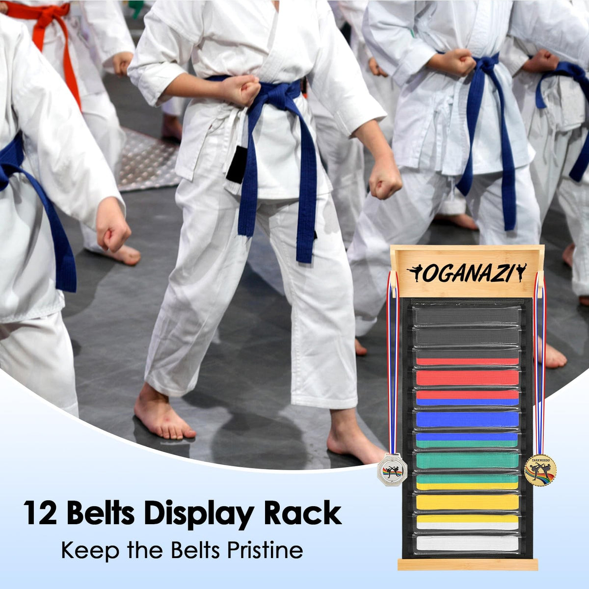 Martial Arts Belt Display Rack for Karate & Taekwondo Belts Wall Mount 12 Belts