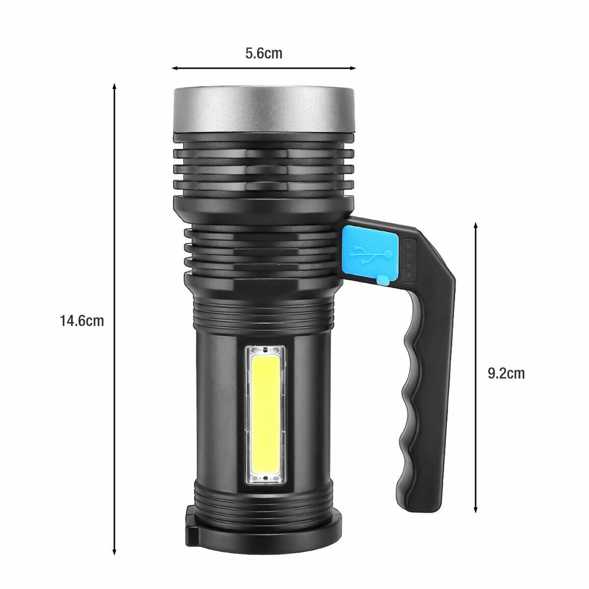 Rechargeable Handheld Searchlight Flashlight with 500m Beam, Waterproof, USB Charging