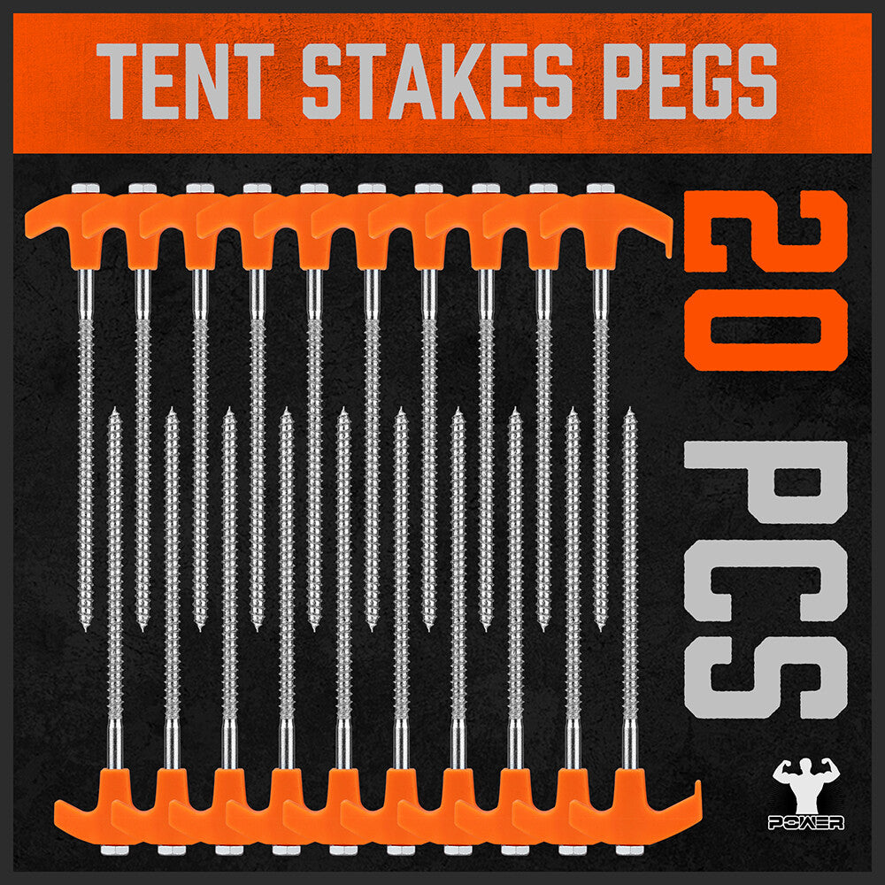 Heavy Duty Tent Stakes with Ropes and Hook - Steel Camping Pegs Set