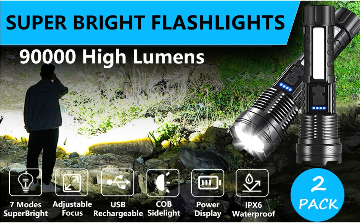 Super Bright Rechargeable LED Flashlight 90,000 Lumens, 7 Modes, Waterproof - 2 Pack