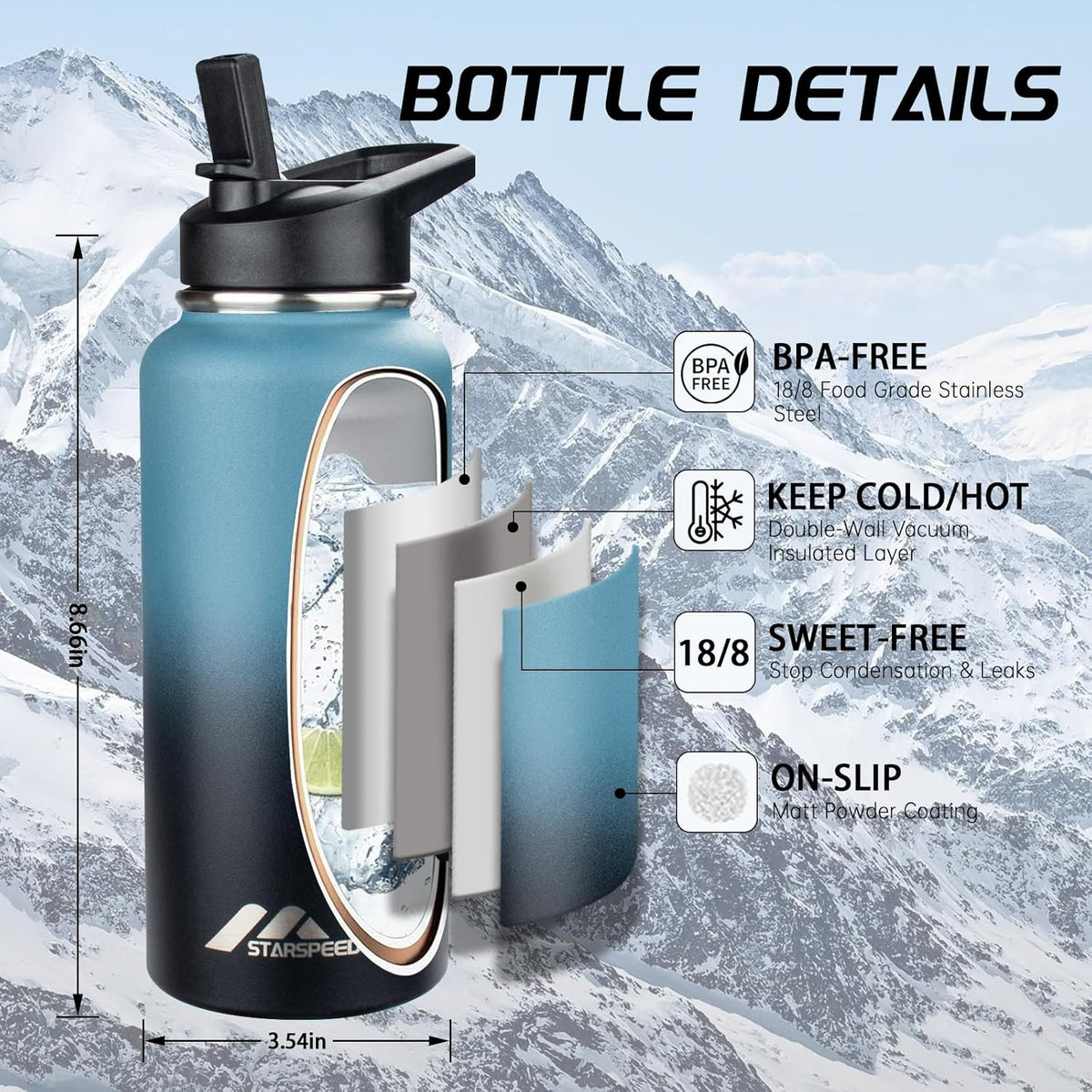 Insulated Water Bottle 32oz with Straw Lid - Double Wall Vacuum Stainless Steel