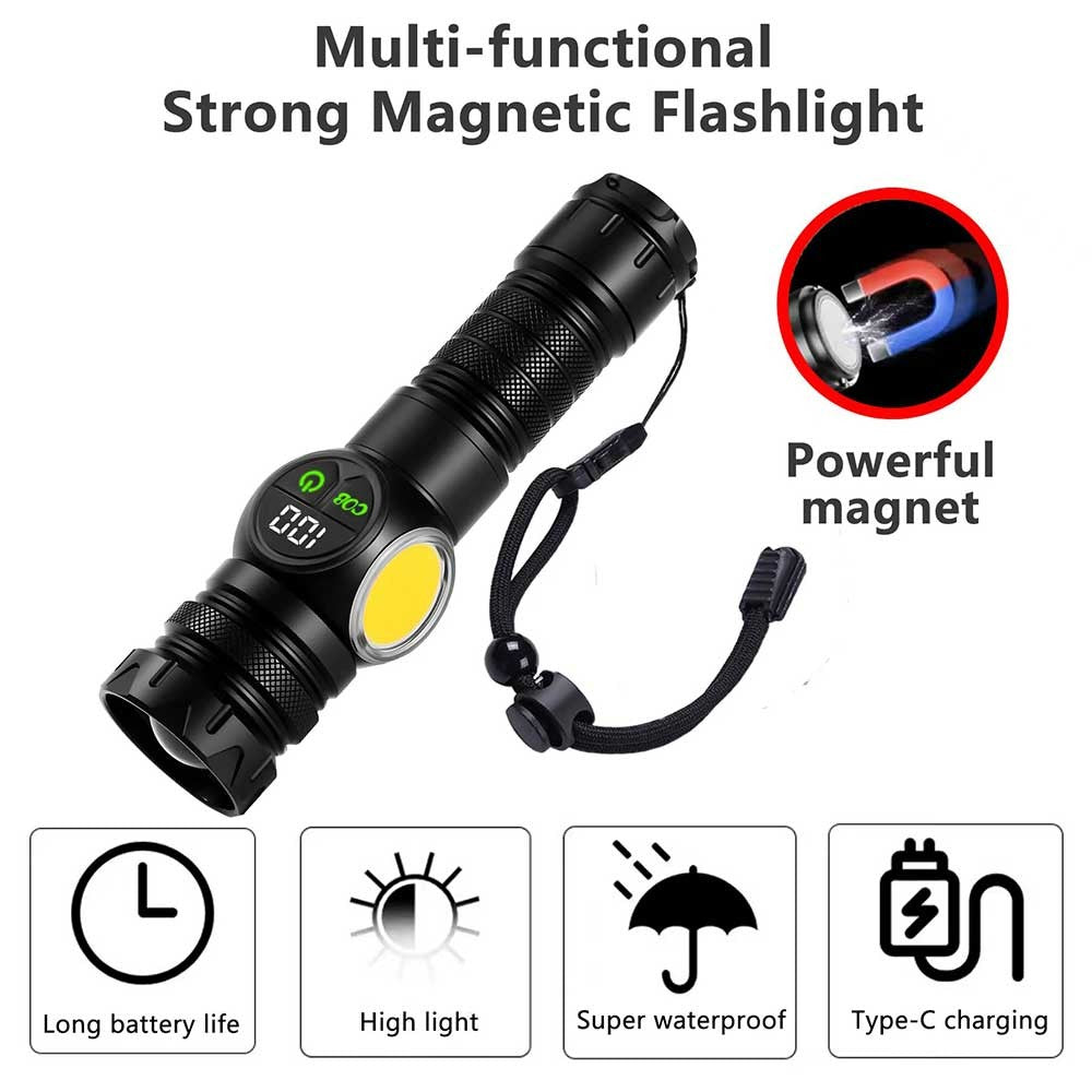 Rechargeable LED Flashlight Torch with COB Light Zoomable USB Portable