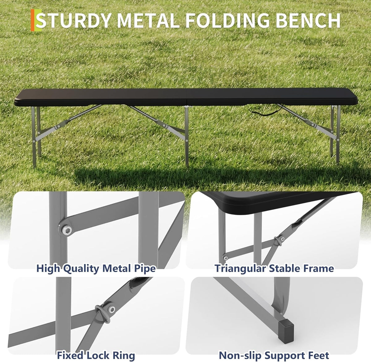 6ft Plastic Folding Bench Pack of 2 Waterproof Portable Seating for Indoor & Outdoor