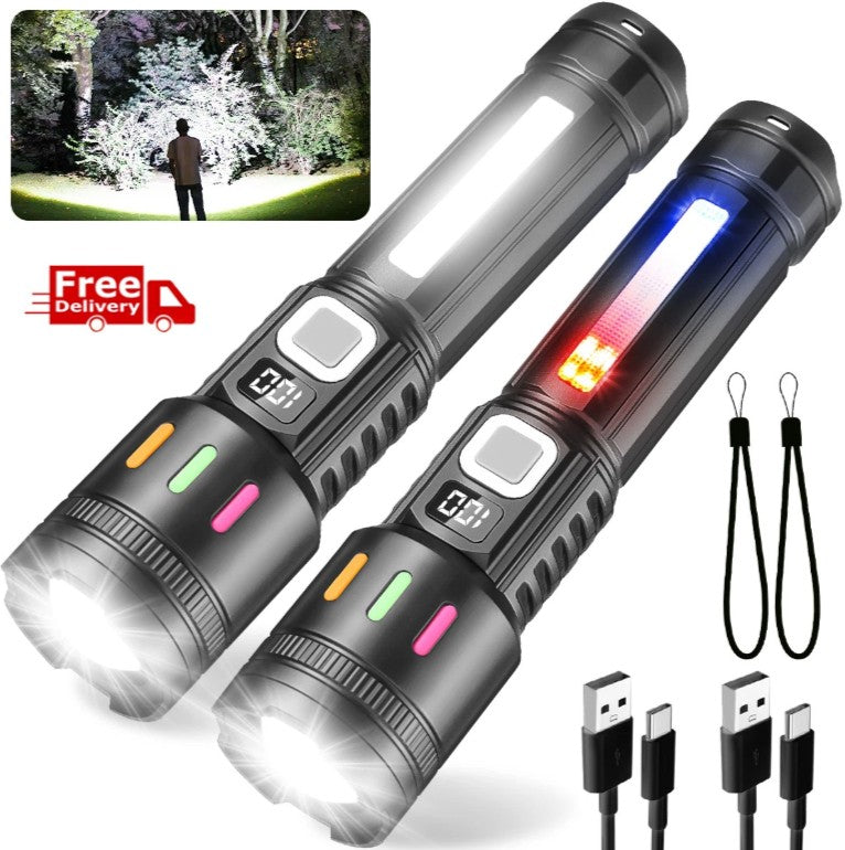 Rechargeable LED Tactical Flashlight - Super Bright Work Light, 2 Pack