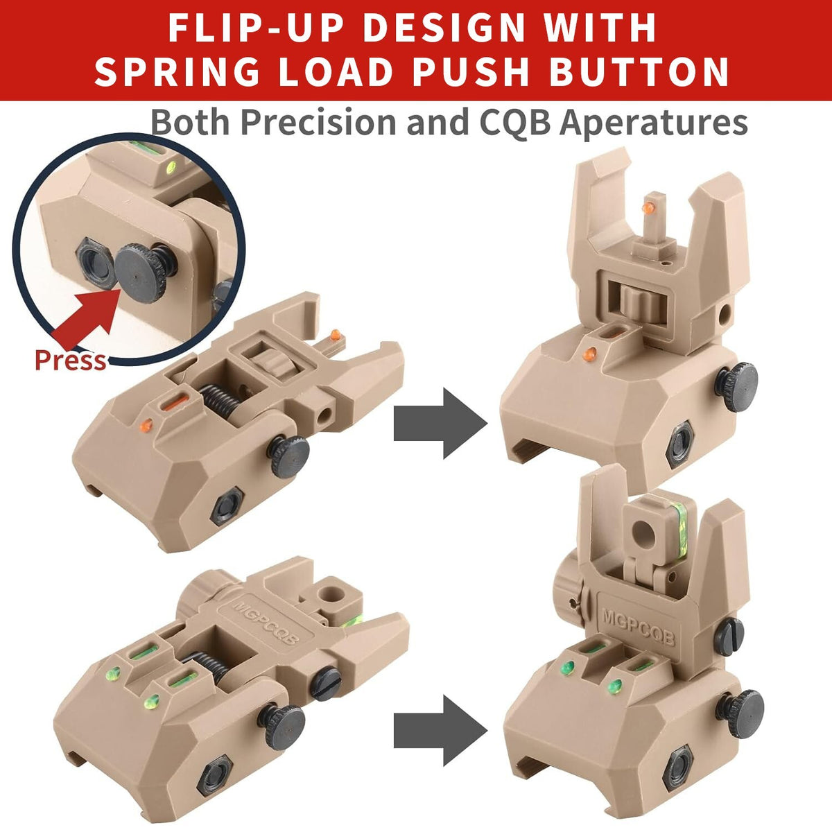 Foldable Iron Sights with Fiber Optics for Rifles - Flip-Up Dual Aiming Tan