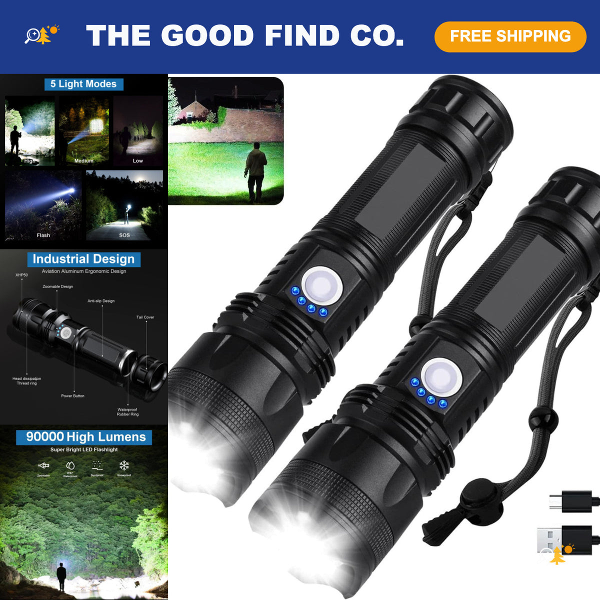 Super Bright 90,000 Lumens Rechargeable Waterproof LED Flashlight - 2 Pack