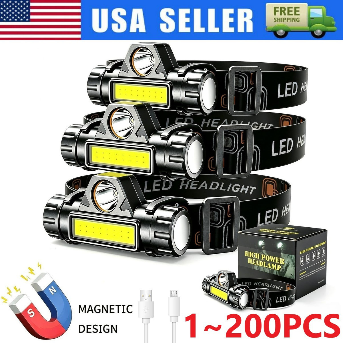 USB Rechargeable Waterproof LED Headlamp with 180° Adjustable Beam - Outdoor, Camping, Hiking, Hunting, Emergency