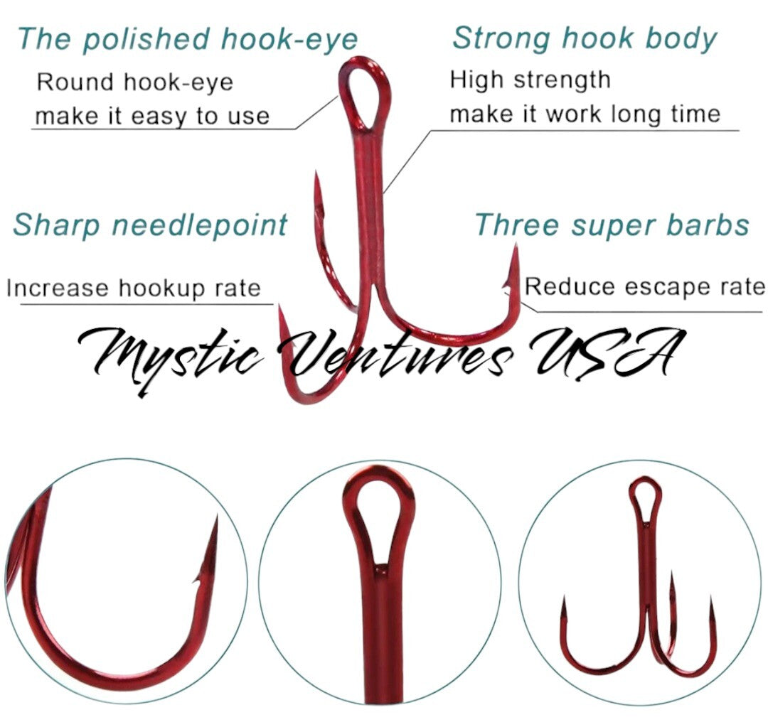 50 Pcs Red Treble Fishing Hooks Carbon Steel Bait Hooks for Freshwater & Saltwater