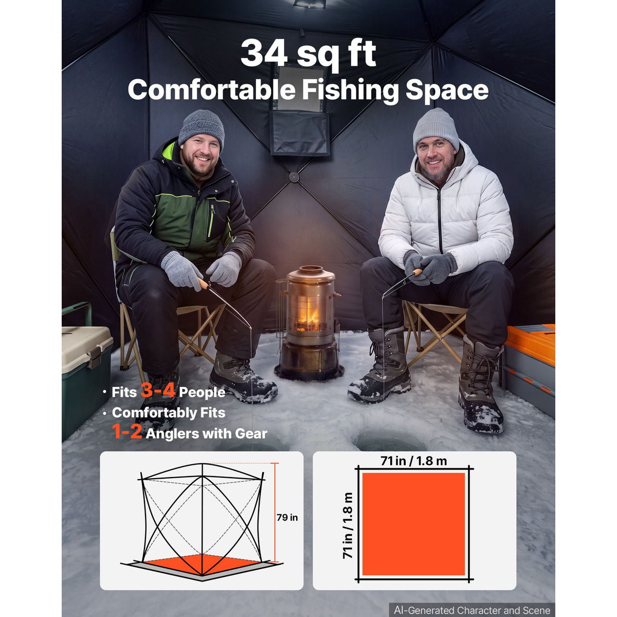 Pop-Up Ice Fishing Tent for 3-4 People - Portable 71x71x79 in Shelter