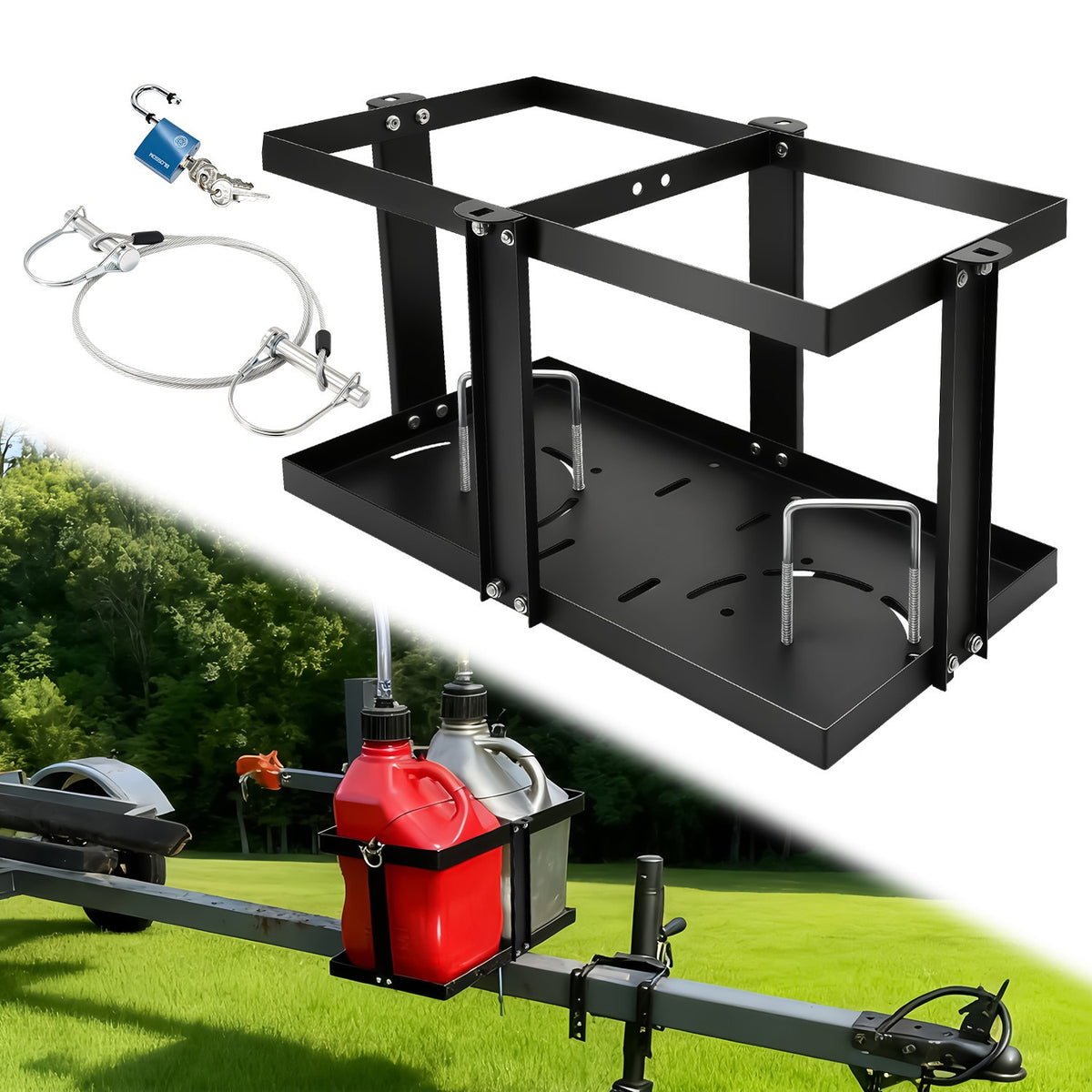 Fuel Jug Holder for Trailer - Holds Two 5-5.5 Gallon Gas Cans with Locking Strap