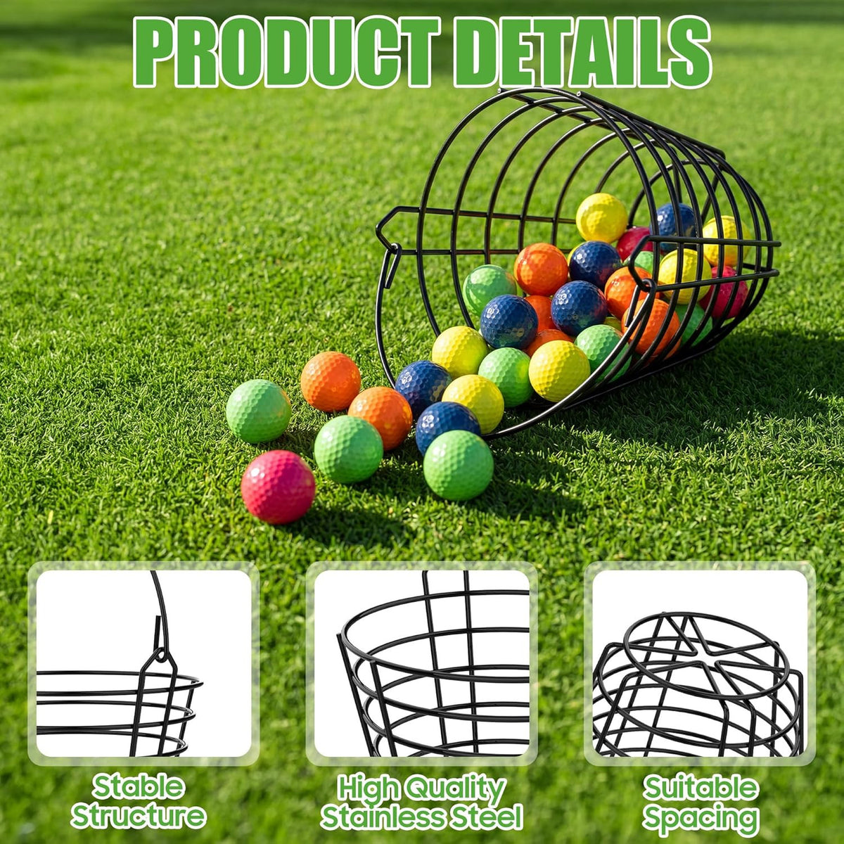 Metal Golf Ball Basket Set with Handle - Holds 50 Balls Each, Practice Range Storage Bin