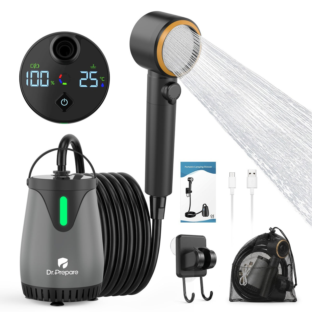 Portable Camping Shower with 8000mAh Battery, 180 Min Runtime & 3 Spray Modes
