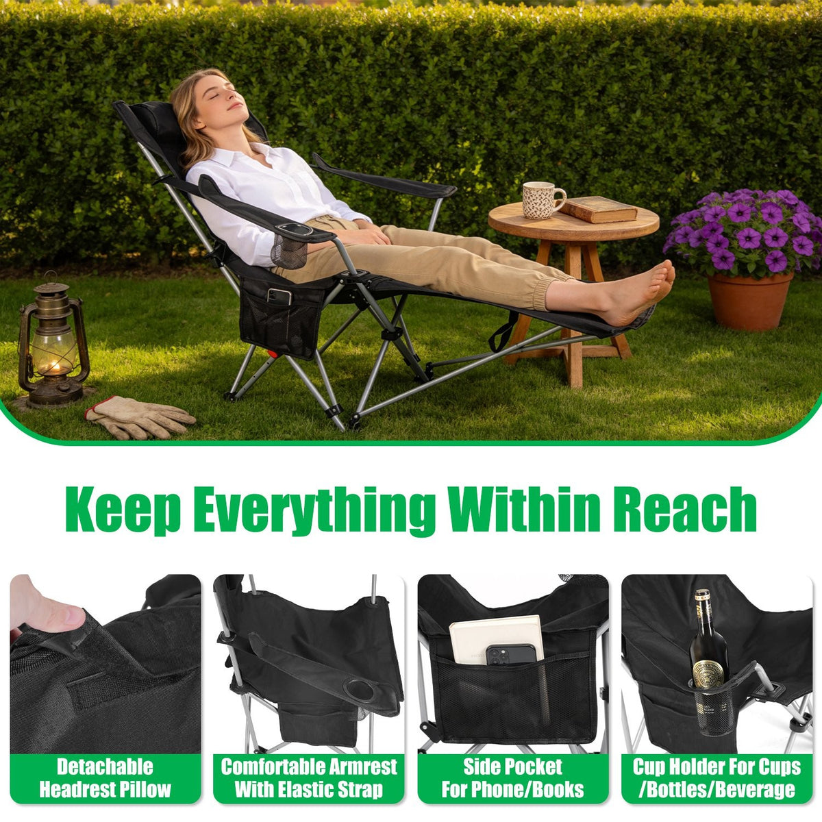 Reclining Camping Chair with Canopy & Footrest - Folding Outdoor Seat