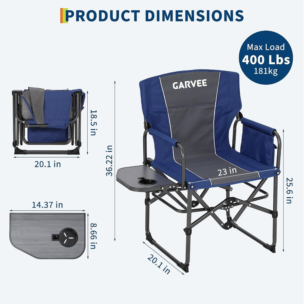 Heavy Duty Oversized Camping Chair with Side Table & Support 400LB