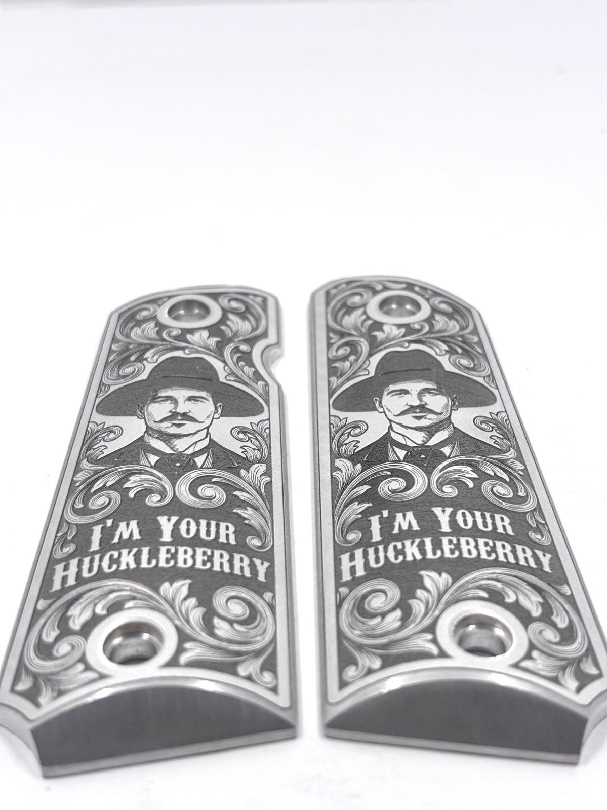Custom Engraved 1911 Aluminum Pistol Grips - Doc Holliday Scroll Design