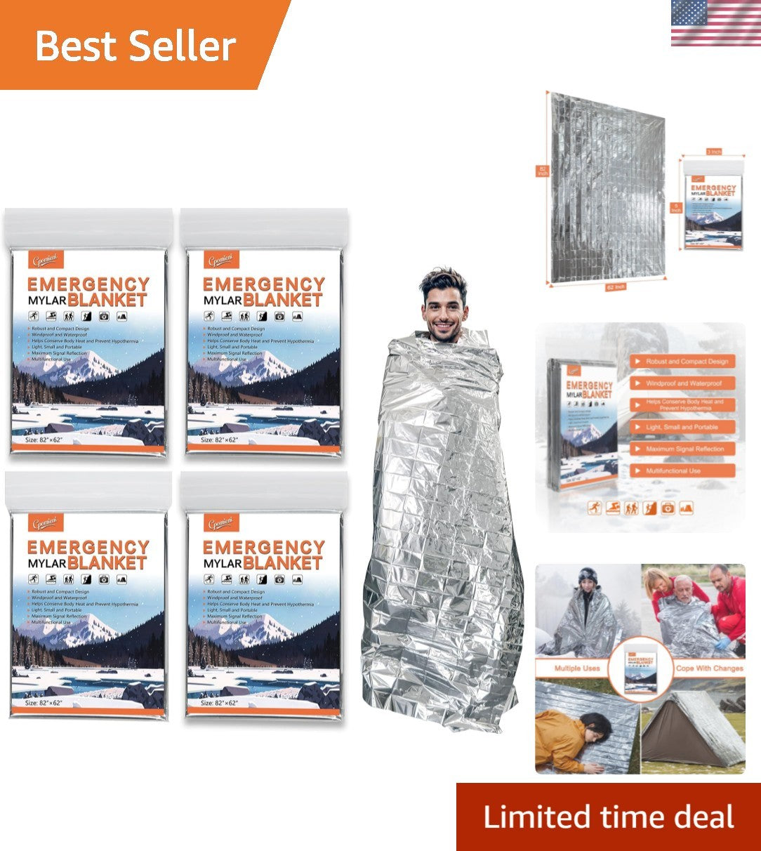Large Emergency Mylar Thermal Blankets 82x62 Inches - Pack of 4