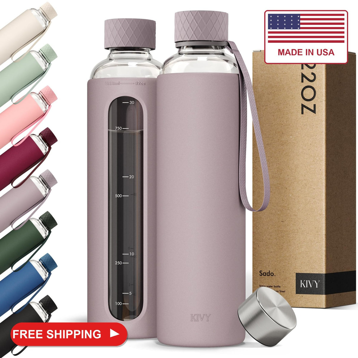 Glass Water Bottle with Silicone Sleeve 22 oz - Leakproof & Portable