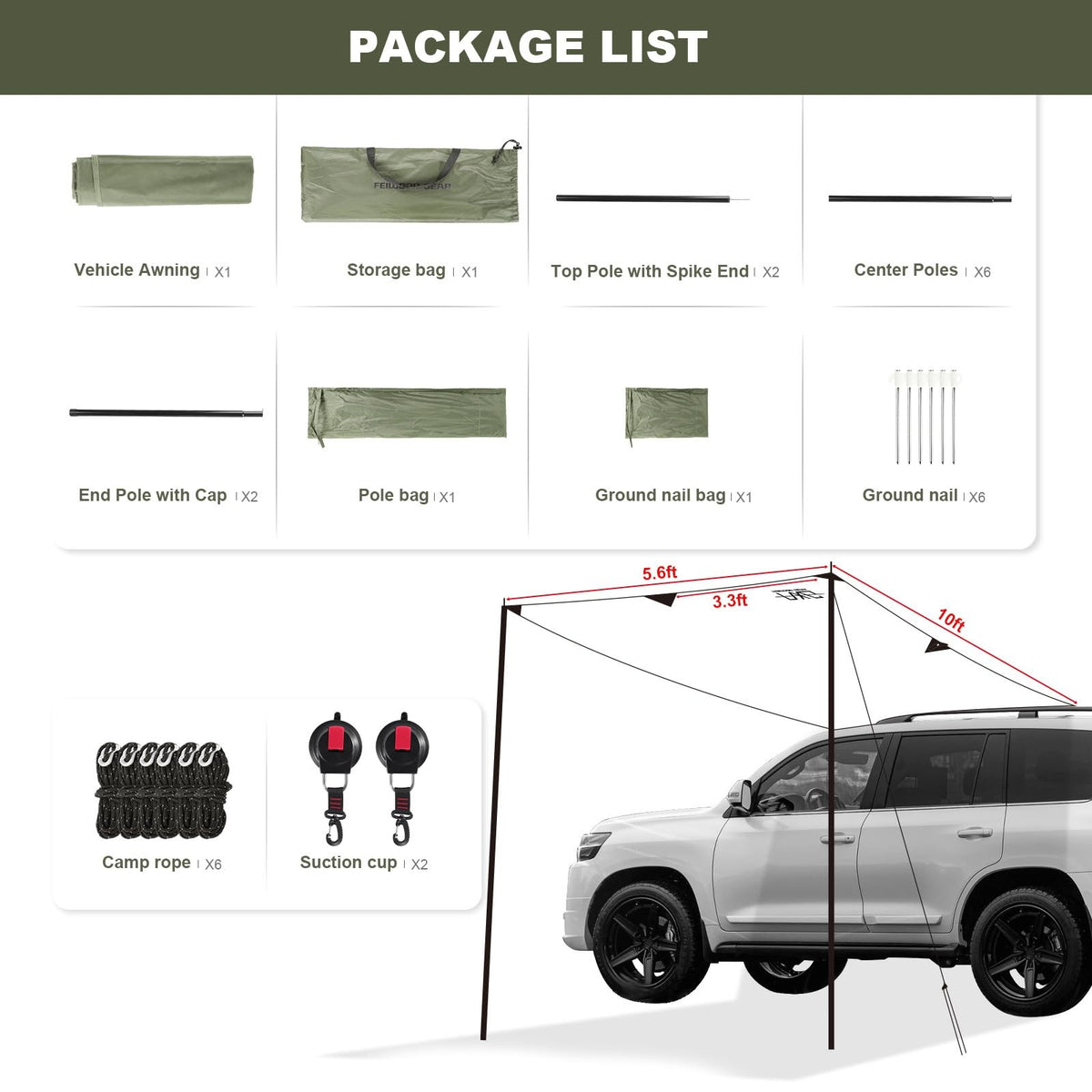 Portable Vehicle Awning for Camping, Van, Truck 10x6.6 ft Water & Sunproof