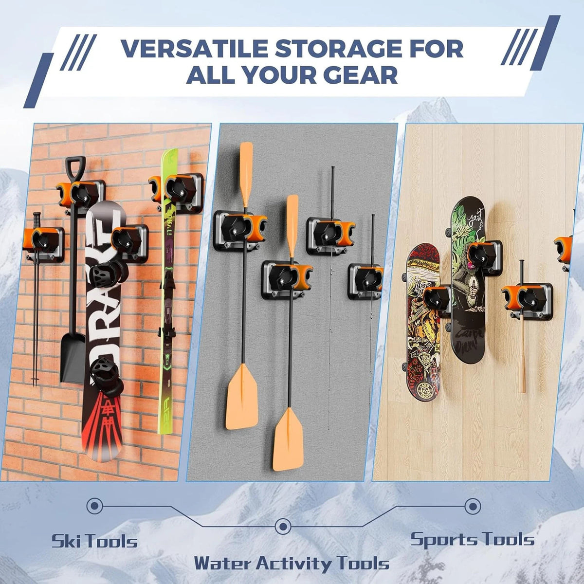 Multi-Purpose Wall Mount Rack for Snowboards Ski Skates and More