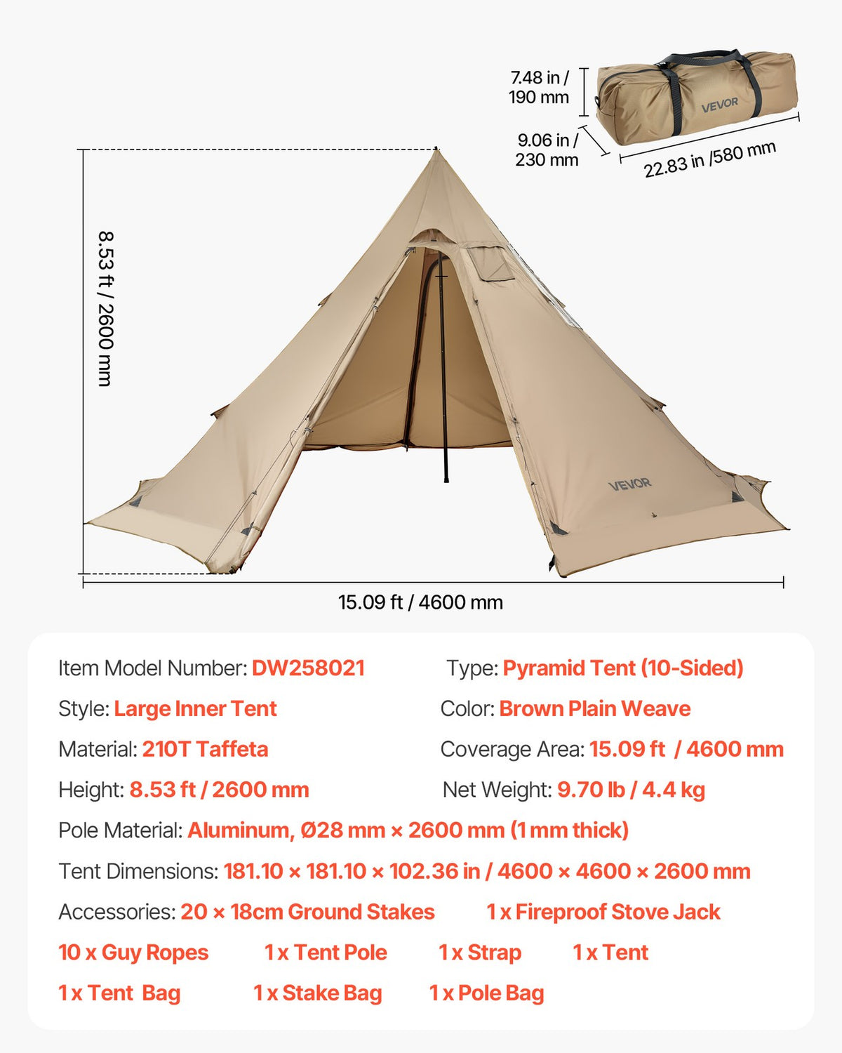 Portable Hot Tent with Stove Jack for Camping 4-6 Persons Waterproof Durable