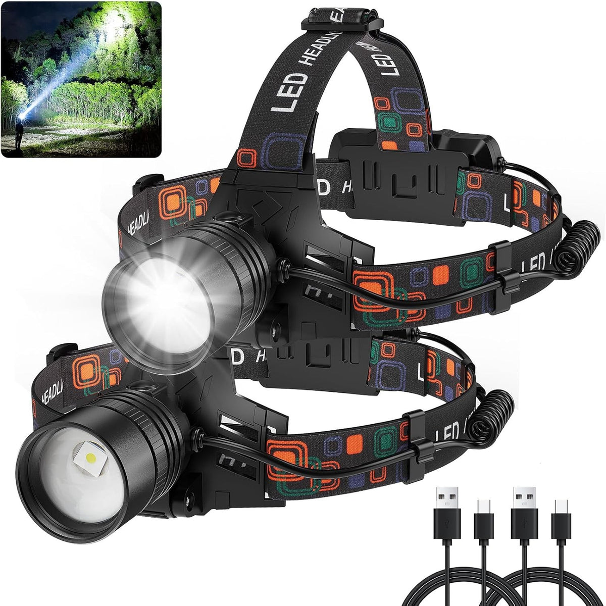 Rechargeable LED Headlamp 2 Pack - 99000 Lumens, Waterproof, 3 Modes, Adjustable Beam