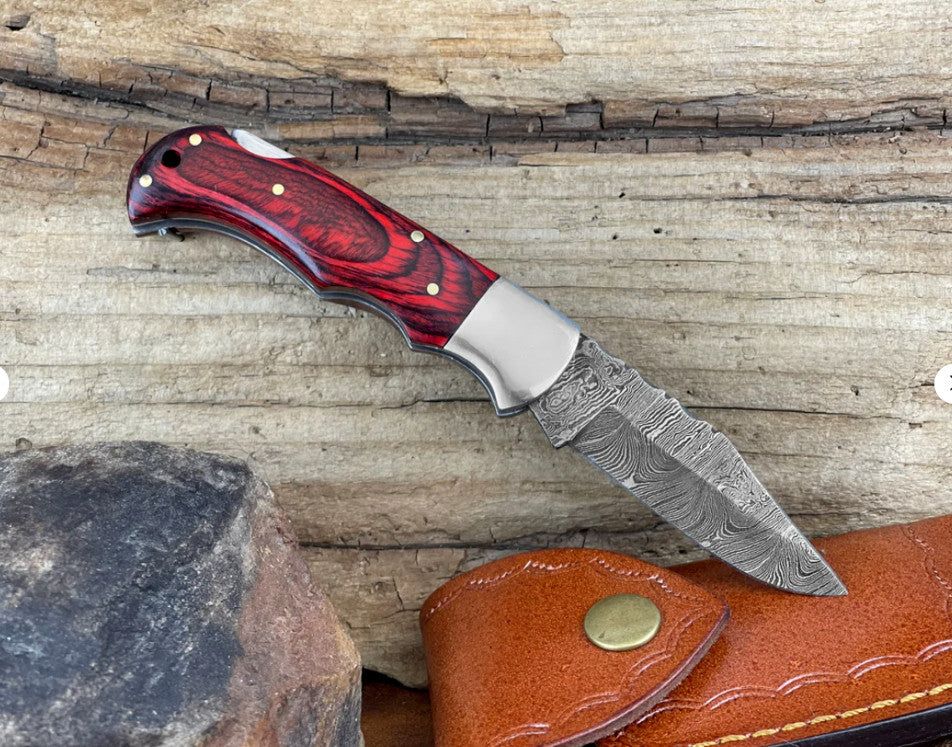 Handmade Damascus Folding Knife with Multiple Color Variants