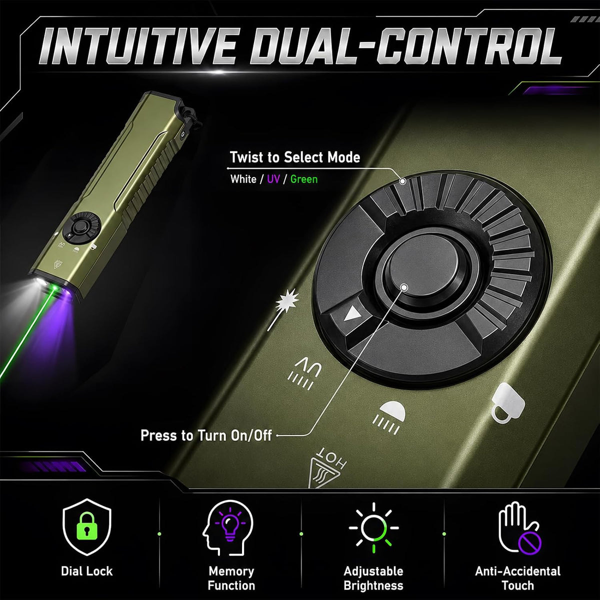 Rechargeable 3-in-1 LED Flashlight with UV and Green Light - Waterproof Portable Work Light